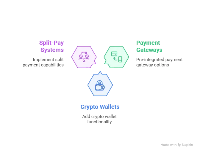 Infographic showing supported fintech integrations like Stripe, Razorpay, Plaid, Wise, Bitcoin, and credit cards