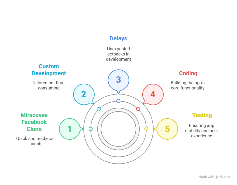 Infographic comparing 12-month custom development timeline with a 3–4 week Facebook clone launch timeline