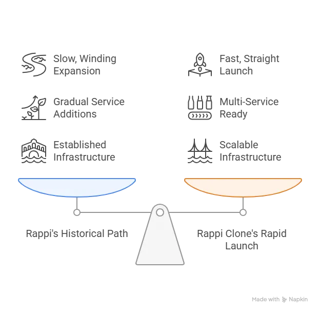 Businesspeople comparing Rappi clone vs custom development with decision arrows