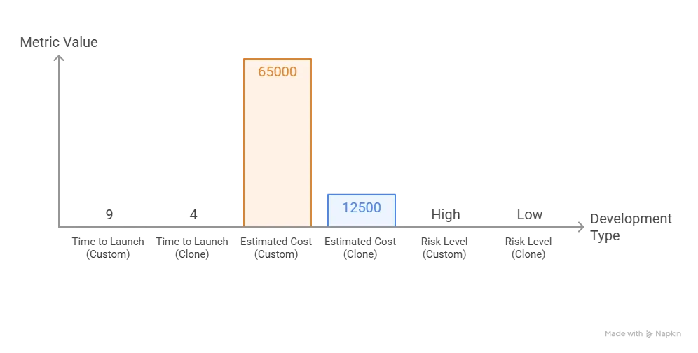 Infographic comparing time, cost, and risk of custom vs cameo clone development