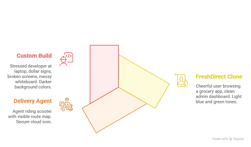 Side-by-side flat-style illustration comparing a happy user leveraging a FreshDirect clone app with a frustrated developer facing delays and complexity from a custom build. FreshDirect Clone