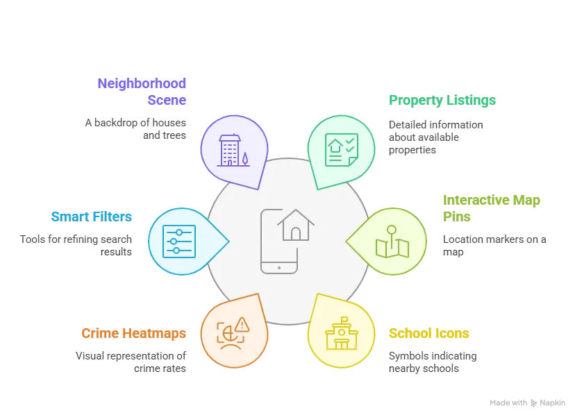 Illustrated concept of a real estate app interface on smartphone and laptop with map pins, listings, and neighborhood elements trulia clone .