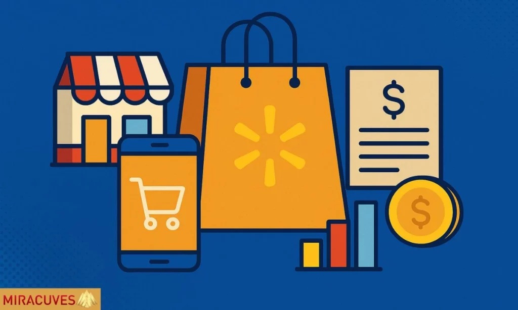 Illustration of Walmart business model with store, shopping bag, mobile app, and revenue icons