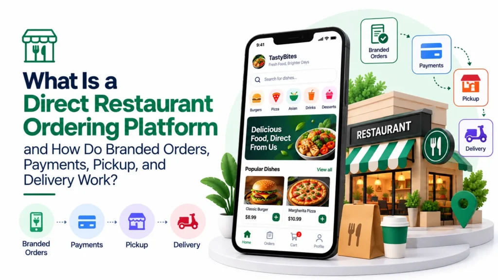 Direct restaurant ordering platform showing branded orders, secure payments, restaurant pickup, and delivery through a restaurant-owned ordering channel.
