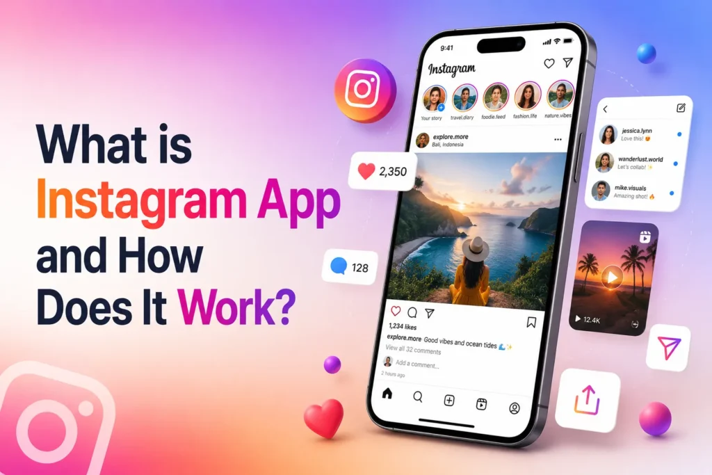 What is the Instagram app and how it works for sharing photos, videos, stories, reels, messages, likes, and comments