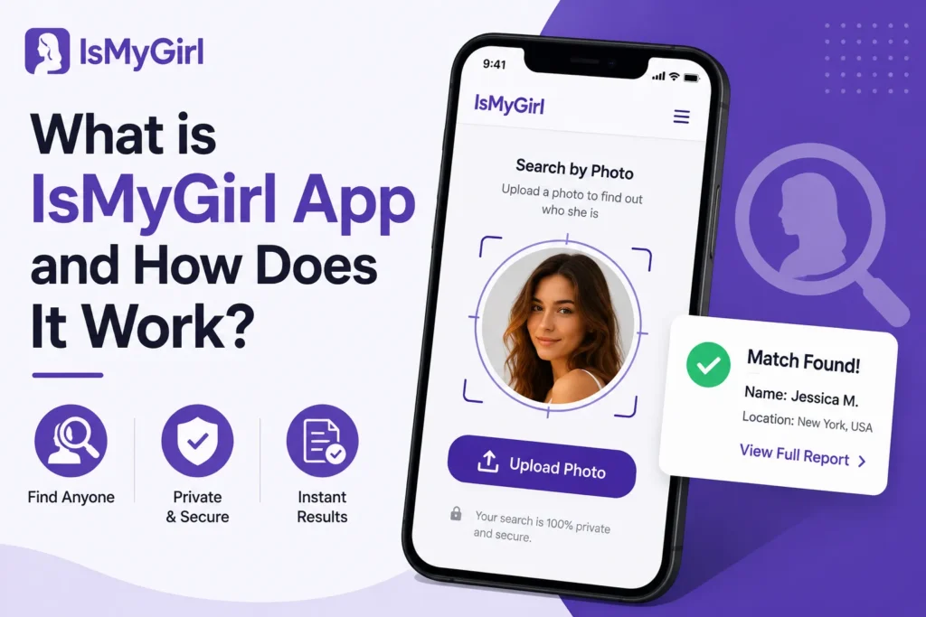 IsMyGirl app guide showing photo-based search, private and secure lookup, instant results, match found report, and mobile identity search interface.