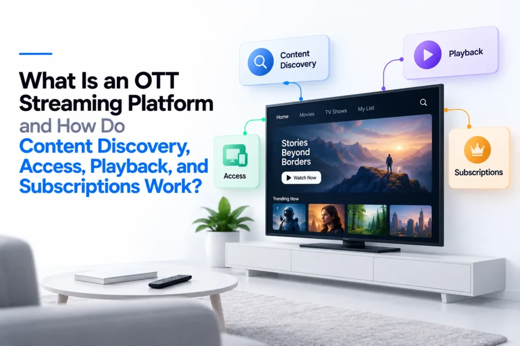 OTT streaming platform showing content discovery, user access, video playback, and subscription management.