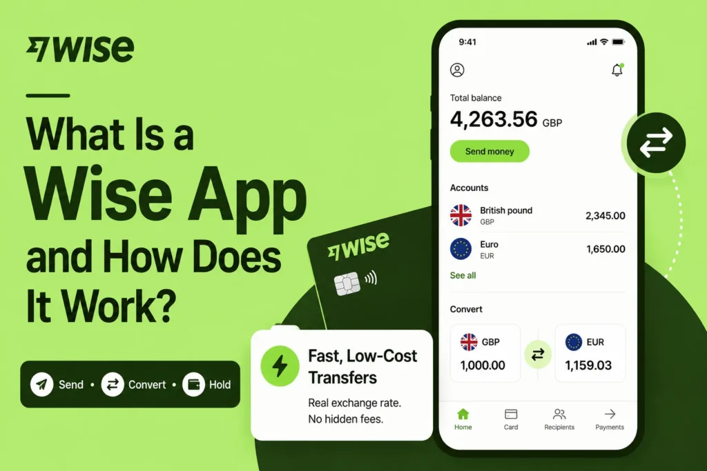 Wise app interface showing fast low-cost money transfers, currency conversion, multi-currency accounts, send money, hold balance, and real exchange rate features