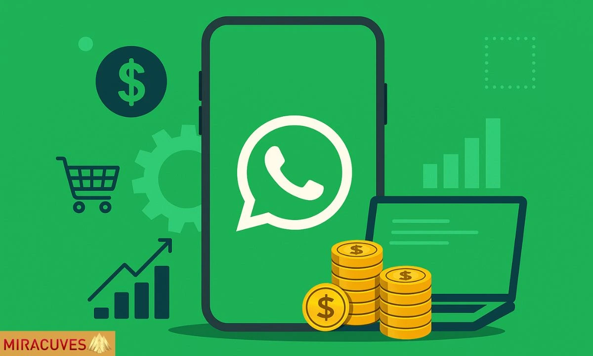 Illustration showing WhatsApp monetization concept with smartphone, coins, and growth icons