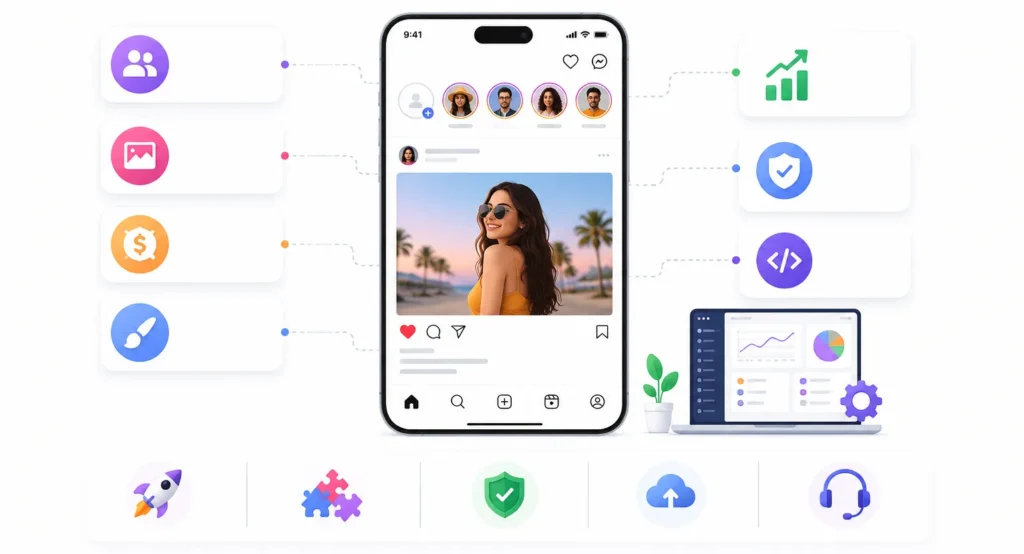 Best Instagram Clone Script in 2026: Features, Pricing & Comparison 2 Why choose Miracuves for Instagram clone app development with social feed, analytics, security, customization, and support features
