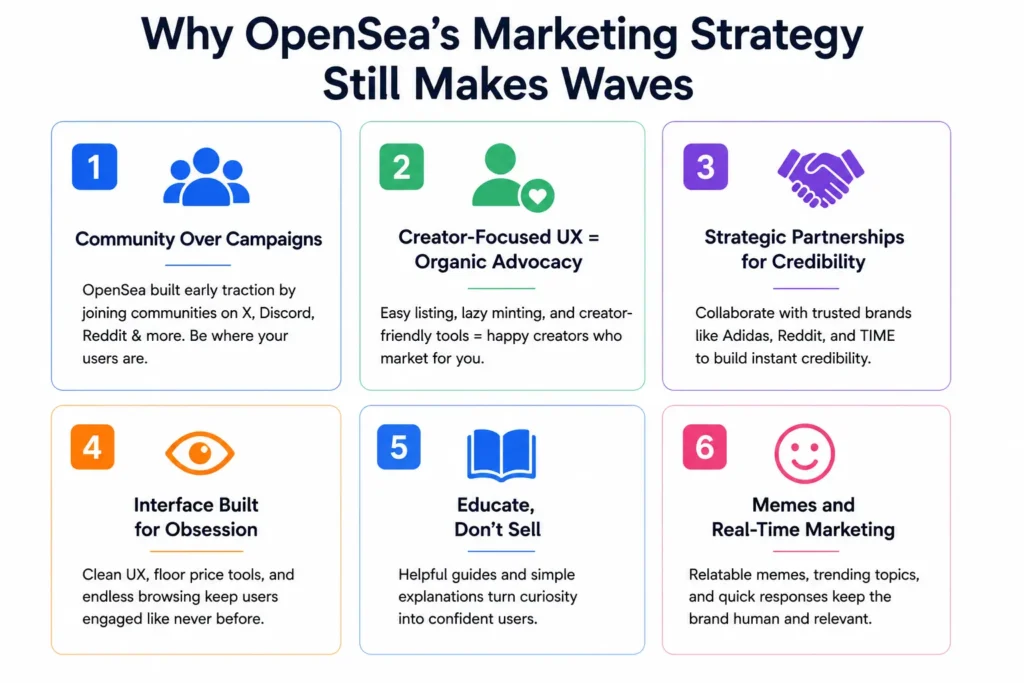 Riding the NFT Wave: OpenSea App Marketing Strategy Breakdown 1 Infographic highlighting OpenSea's marketing strategy, including community building, creator-focused UX, strategic partnerships, educational content, engaging interface design, and real-time meme marketing.
