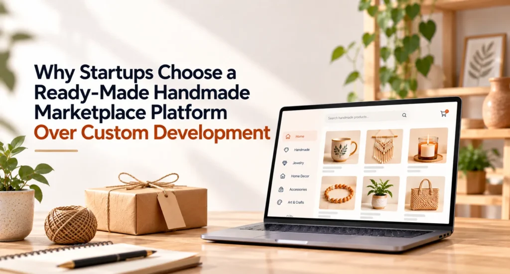 Ready-made handmade marketplace platform on a laptop with artisan products and packaging, representing a faster alternative to custom marketplace development.