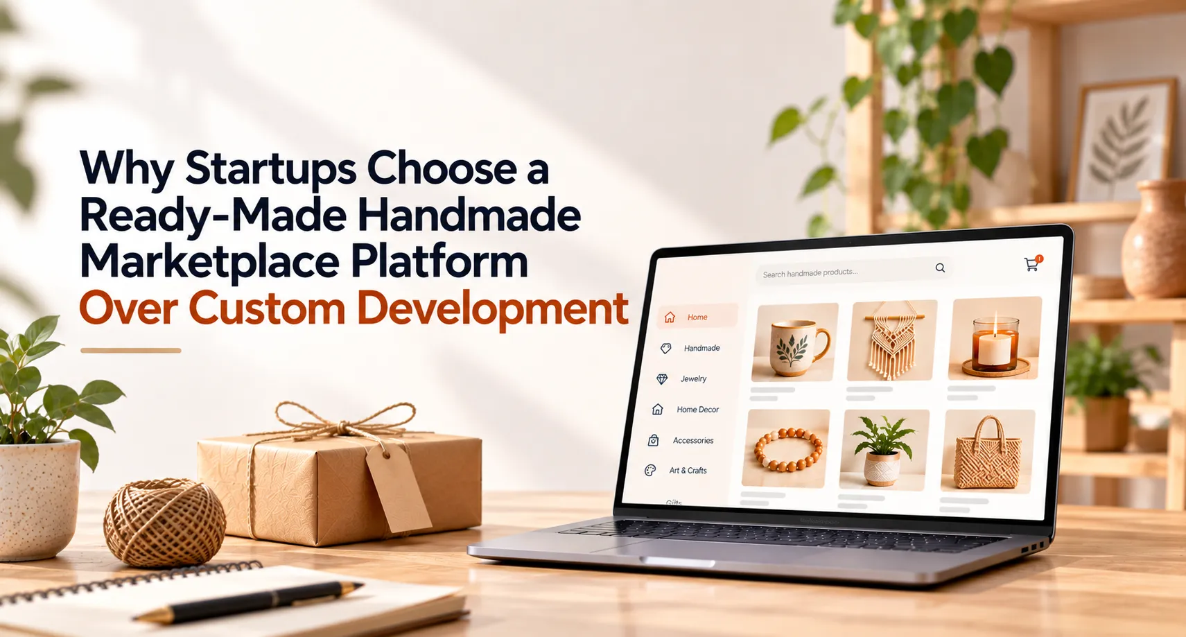Ready-made handmade marketplace platform on a laptop with artisan products and packaging, representing a faster alternative to custom marketplace development.