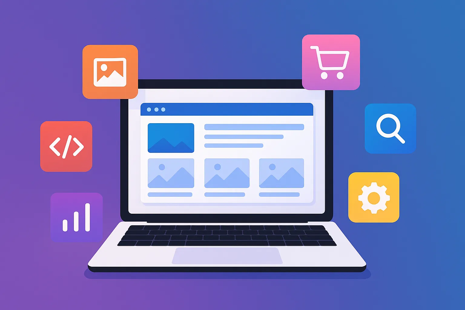 Illustration of a laptop with a website builder interface and feature icons representing eCommerce, SEO, analytics, and customization tools.