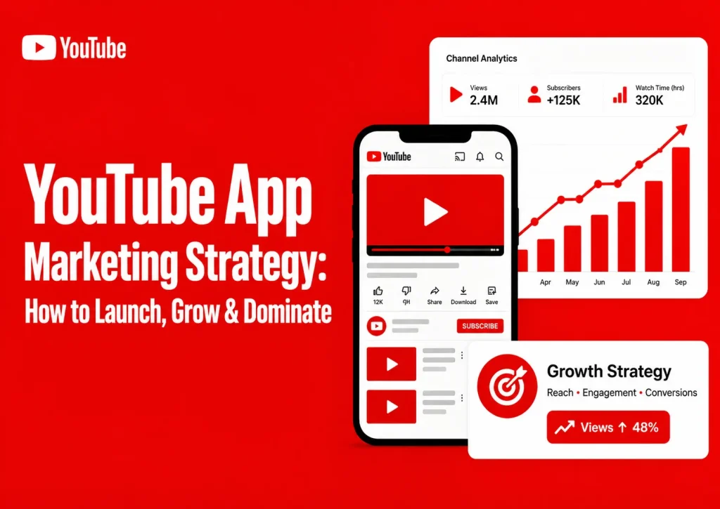 YouTube app marketing strategy infographic showing video growth analytics, subscriber increase, watch time metrics, engagement, and content growth planning.