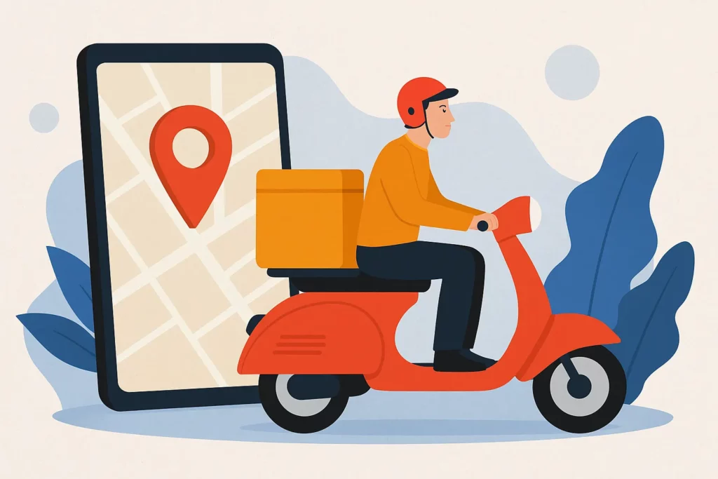 Illustration of a delivery person on a scooter next to a phone map with a location pin, representing hyperlocal delivery app functionality