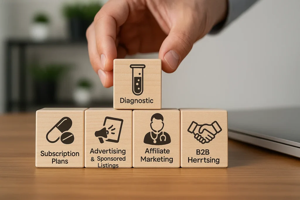"Hand placing diagnostic block over subscription, advertising, affiliate, and B2B models"