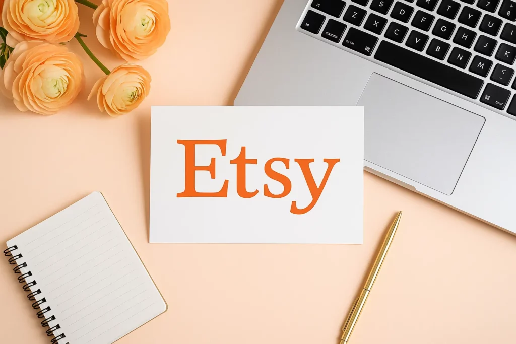Etsy business model illustration showing crafts, laptop store, and seller
