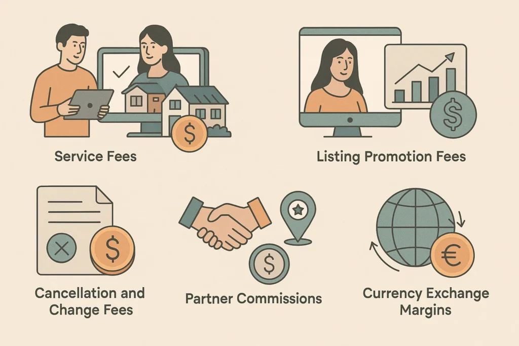 Infographic showing 9flats revenue model including service fees, listing promotion fees, partner commissions, and more
