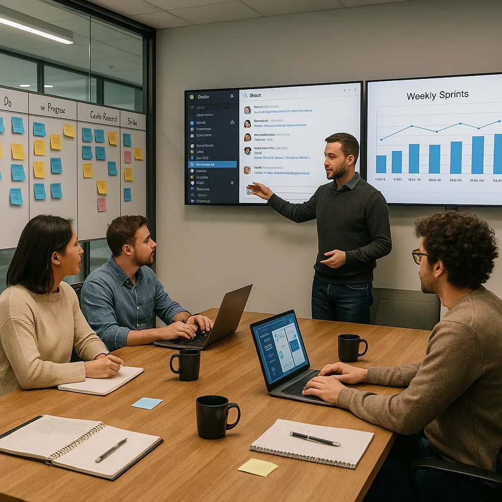 Agile workflow with team collaboration using Slack, Trello, and sprint planning for app development