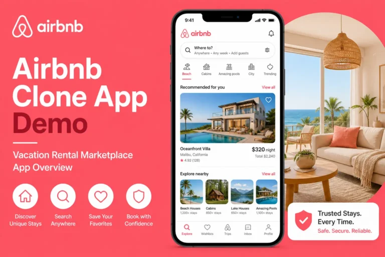 Airbnb Clone App demo showing a vacation rental marketplace interface with property listings, stay discovery, booking options, wishlists, and travel accommodation features in a modern pink-themed UI.