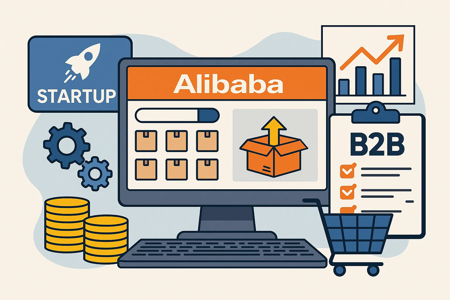 Illustration of Alibaba platform features with icons representing B2B commerce, suppliers, startup tools, and online product listings