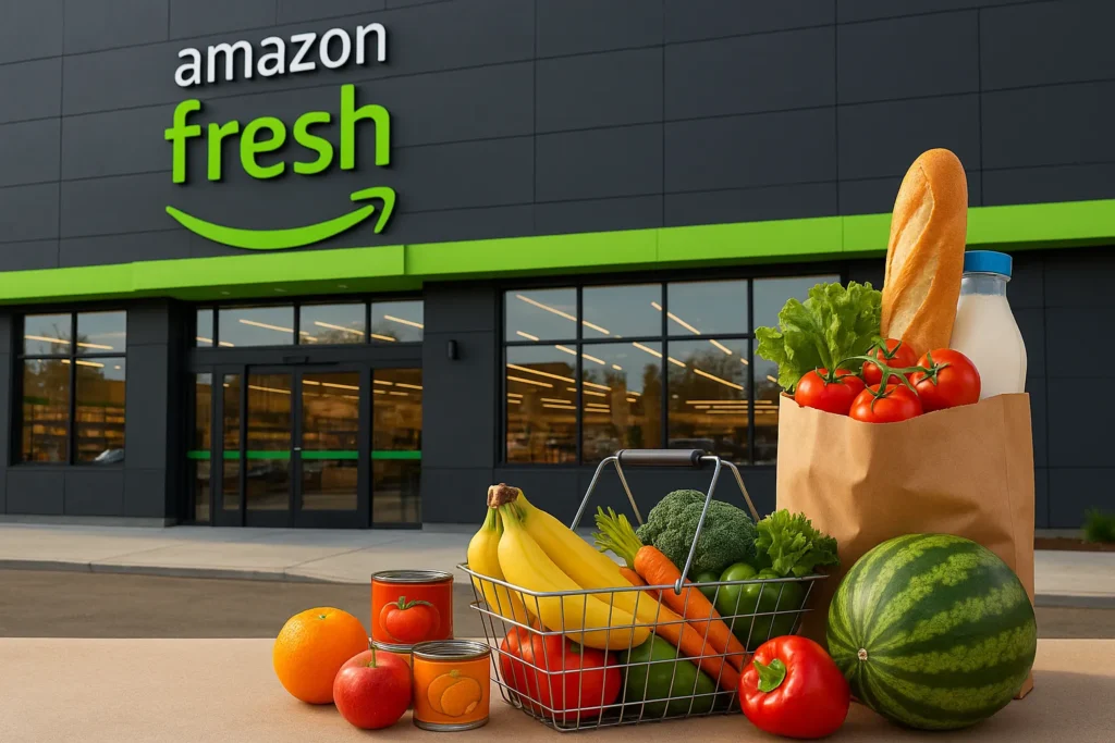 Business Model of AmazonFresh delivery bags and smartphone app showing online grocery order