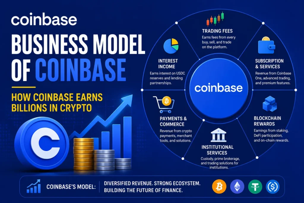 Coinbase business model feature image illustrating how the cryptocurrency platform generates billions through trading fees, subscription services, institutional solutions, blockchain rewards, payment services, and crypto-related financial products. The design features growth charts, digital assets, and a modern blue fintech theme.