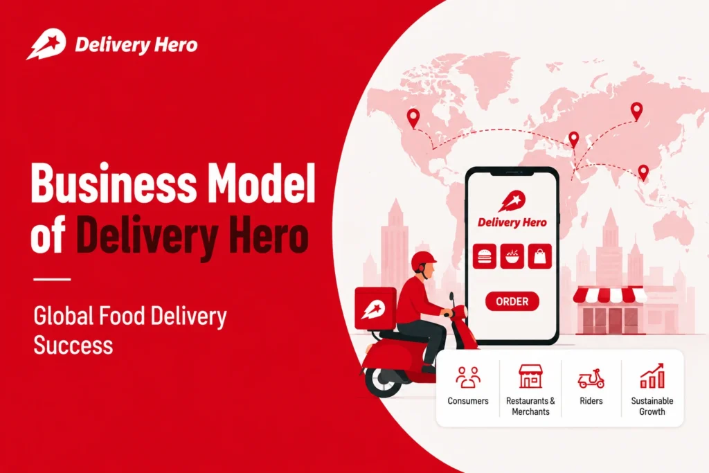 Corporate-style featured image for “Business Model of Delivery Hero” showing a global food delivery ecosystem with a Delivery Hero app interface, delivery rider on a scooter, world map connections, and fintech-style business icons in a red and white vector design.
