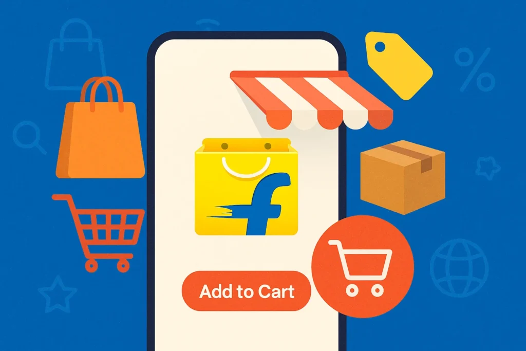 Business Model of Flipkart shopping bag with e-commerce elements and financial symbols