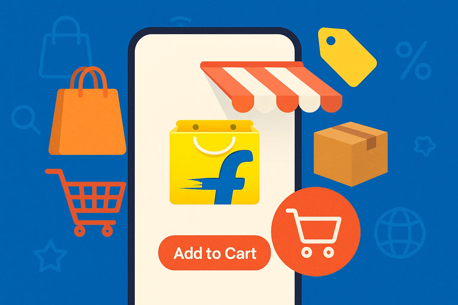 Business Model of Flipkart shopping bag with e-commerce elements and financial symbols