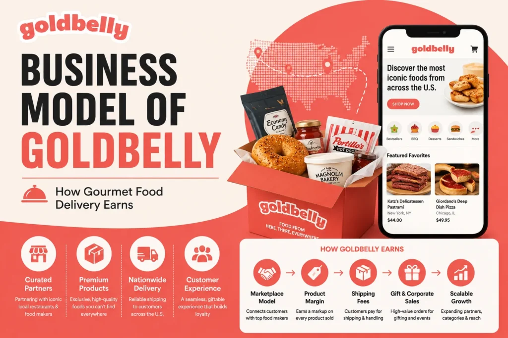 Feature image illustrating the Goldbelly business model, showing how the gourmet food marketplace earns through curated food sales, shipping fees, premium products, and nationwide delivery.