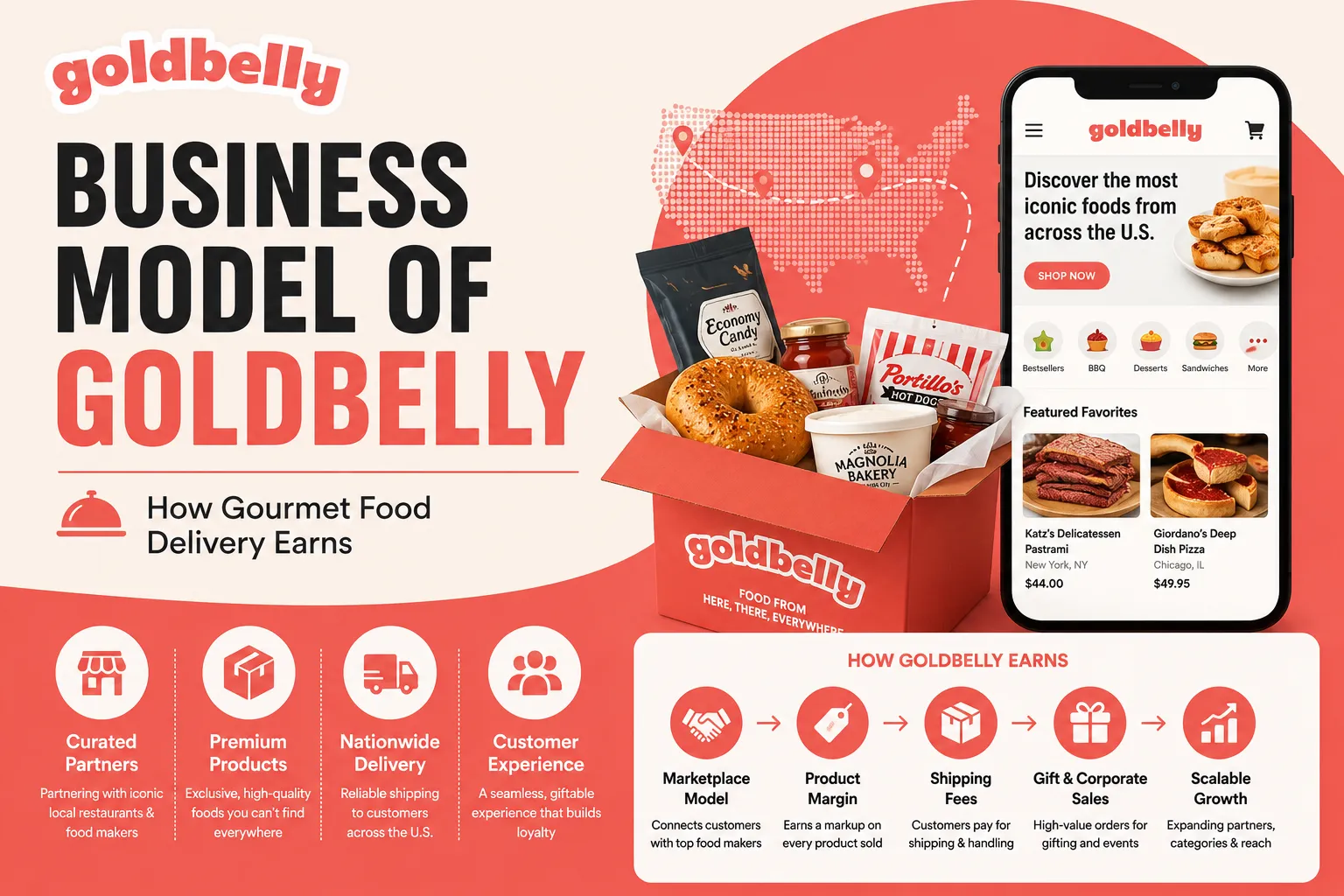 Feature image illustrating the Goldbelly business model, showing how the gourmet food marketplace earns through curated food sales, shipping fees, premium products, and nationwide delivery.
