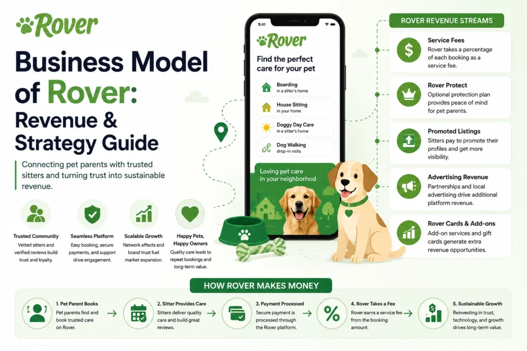 Infographic illustrating Rover’s business model of rover with pet care services, revenue streams, service fees, promoted listings, and platform growth strategy.
