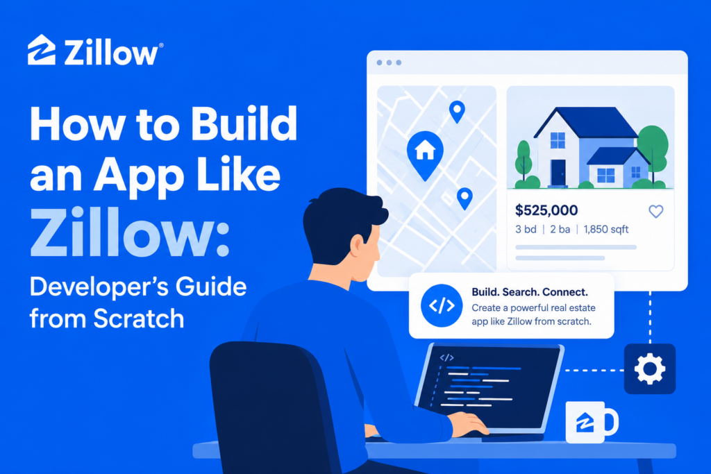 Illustration of a developer building a Zillow-like real estate app with property listings, map pins, search interface, and coding dashboard.