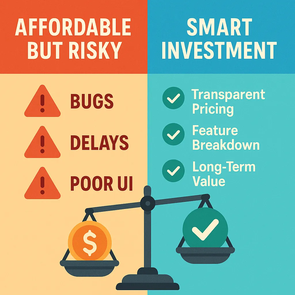 Comparison infographic showing low-cost vs. high-quality ChatGPT clone development with focus on transparent pricing and long-term app value.