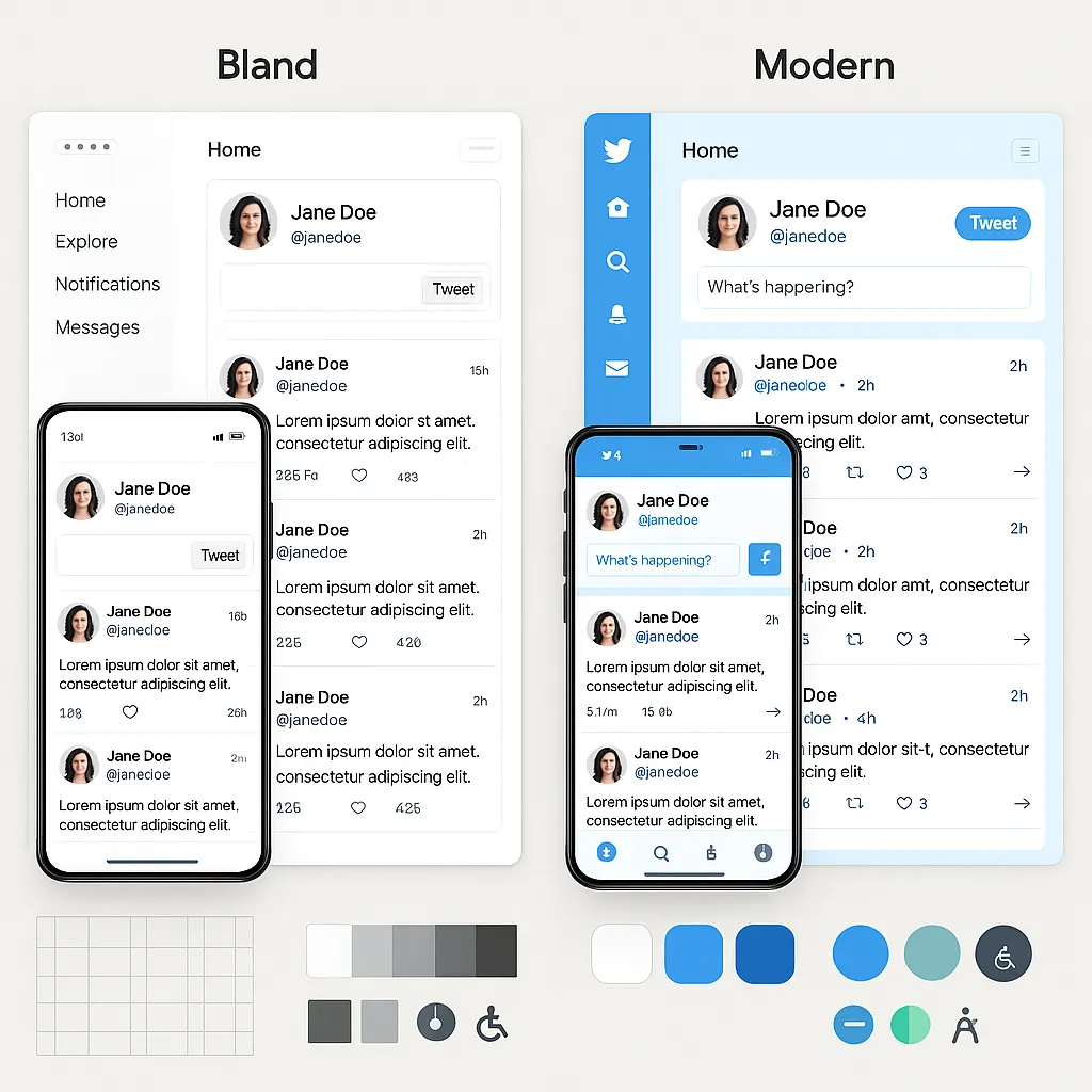 Comparison of generic vs. customized UI-]UX for Twitter clone app, highlighting responsive layouts, mobile design, and brand-tailored interfaces.