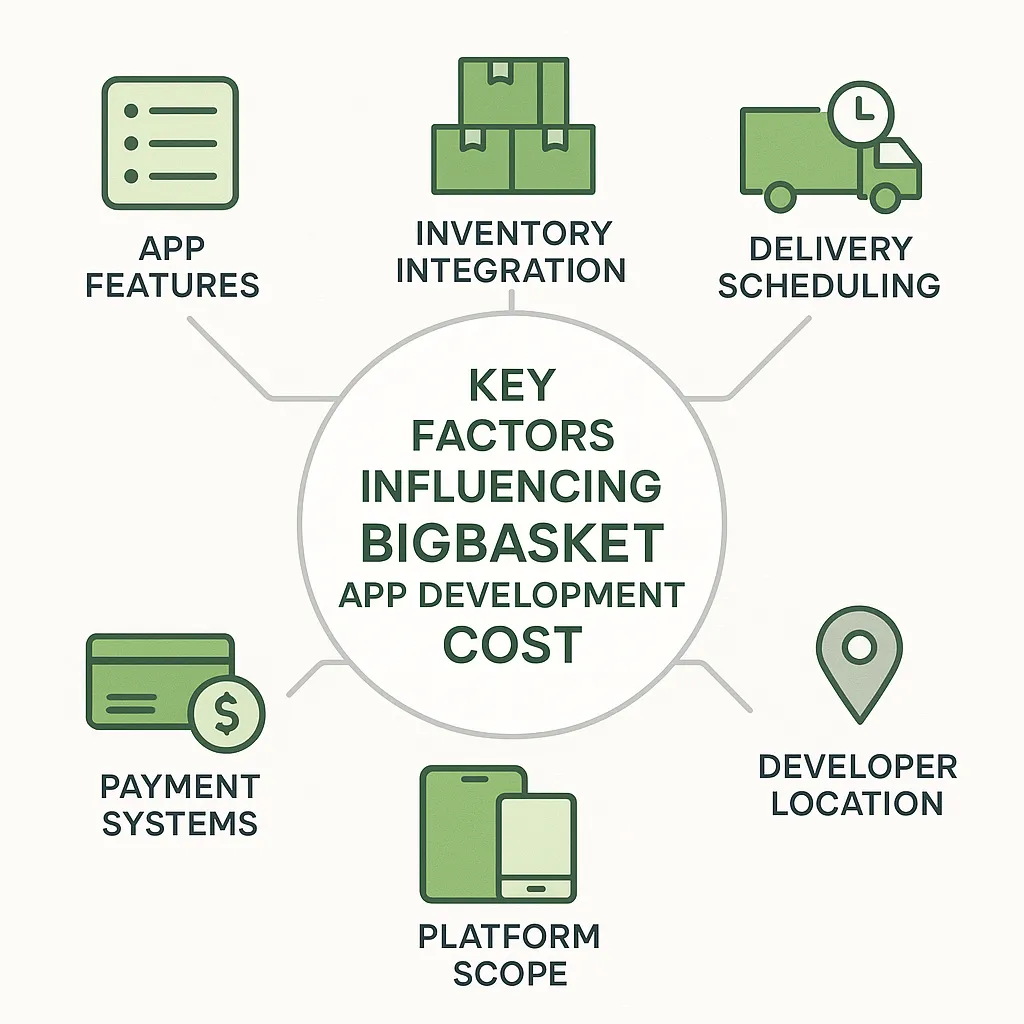 Infographic highlighting the main factors that influence the cost of developing a BigBasket-style grocery app, including features, delivery logic, and team location.