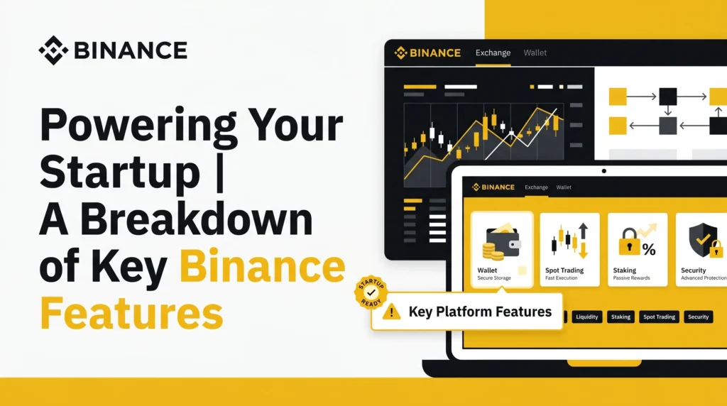 Binance feature banner showing a crypto exchange platform with trading charts, wallet, spot trading, staking, security, liquidity, and startup-ready crypto app features.