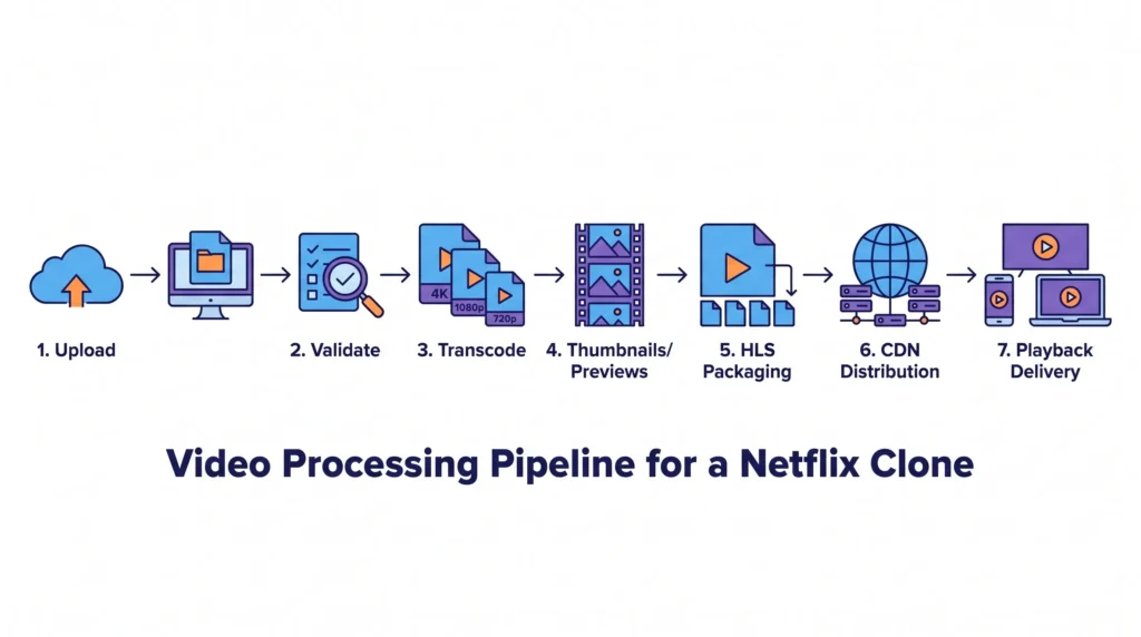 Video processing pipeline diagram showing content upload, validation, transcoding, thumbnail generation, HLS packaging, CDN distribution, and playback delivery for a Netflix clone platform.