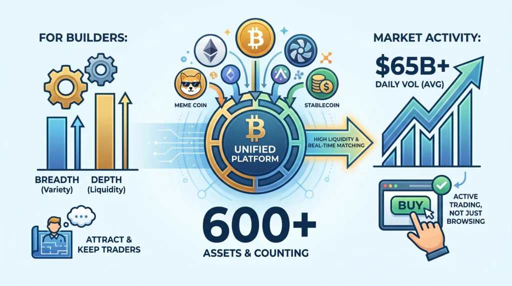 Infographic showing Binance-inspired crypto platform features with 600 plus assets, Bitcoin, Ethereum, meme coins, stablecoins, liquidity depth, real-time matching, daily volume, and active trading.