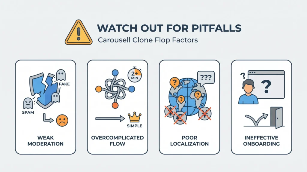 Best Carousell Clone Script in 2026: Features & Pricing Compared 1 Infographic showing Carousell clone flop factors including weak moderation, overcomplicated user flow, poor localization, and ineffective onboarding for marketplace apps.