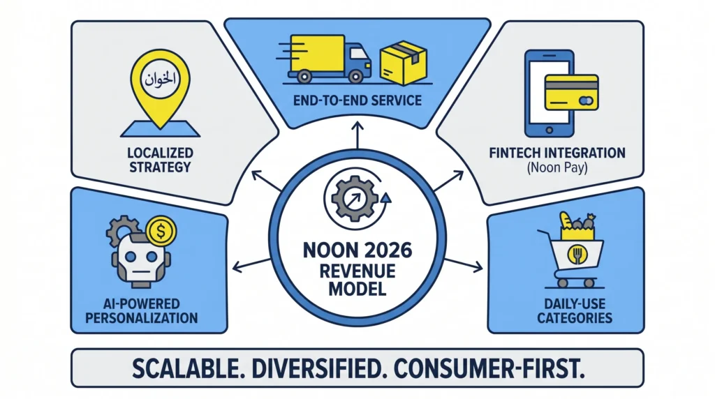 Understanding the Revenue Model of Noon and Its Growth Engine 2 Infographic showing Noon 2026 revenue model with localized strategy, end-to-end service, fintech integration, daily-use categories, AI-powered personalization, and scalable ecommerce growth.