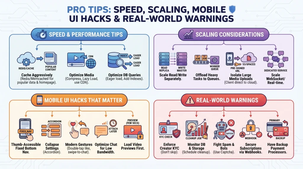 Infographic showing Fansly-style platform pro tips for performance, scaling, mobile UI, caching, media optimization, database queries, WebSocket scaling, KYC, spam prevention, subscriptions, and backup payments.