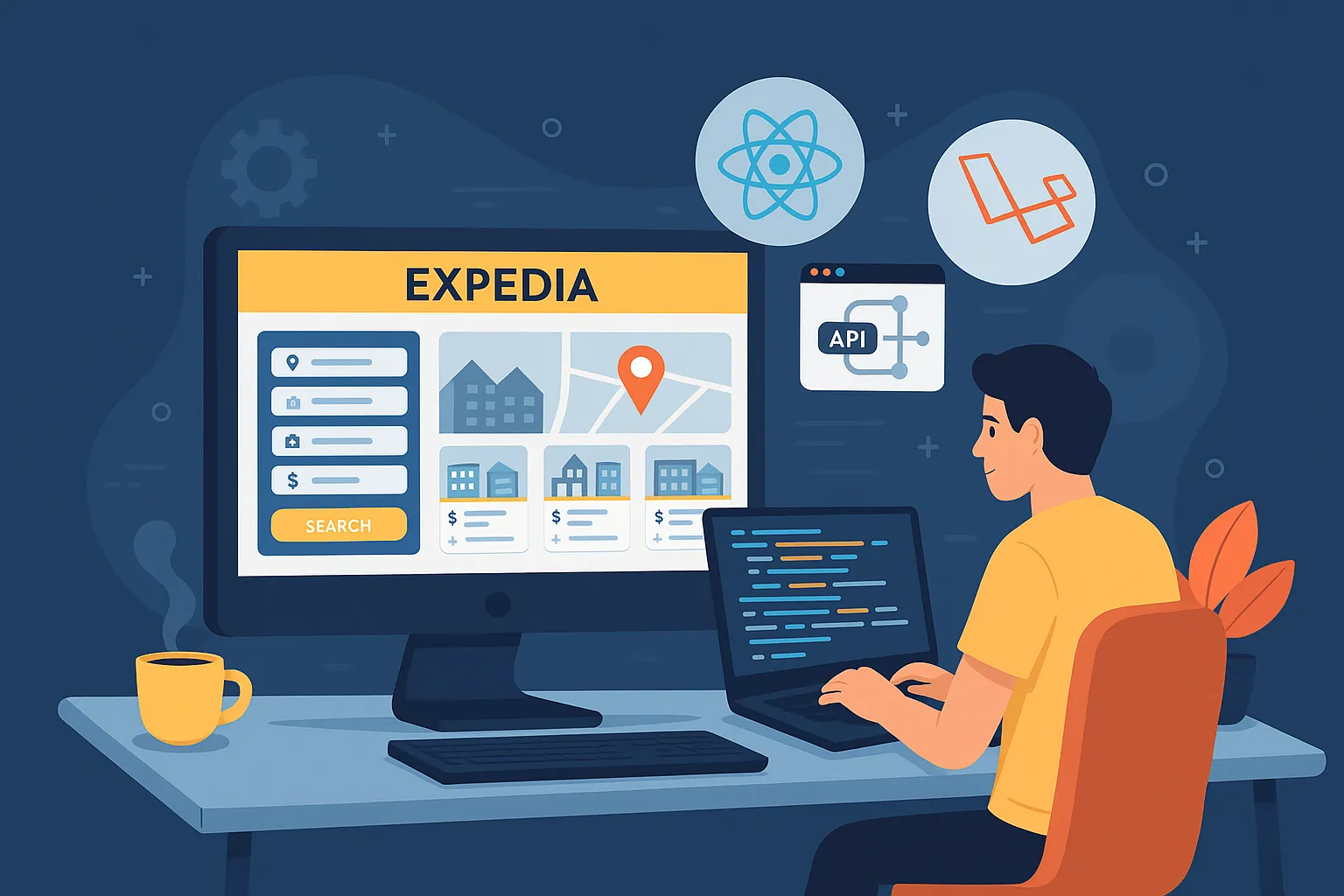 Developer building an app like Expedia travel booking app using React and Laravel