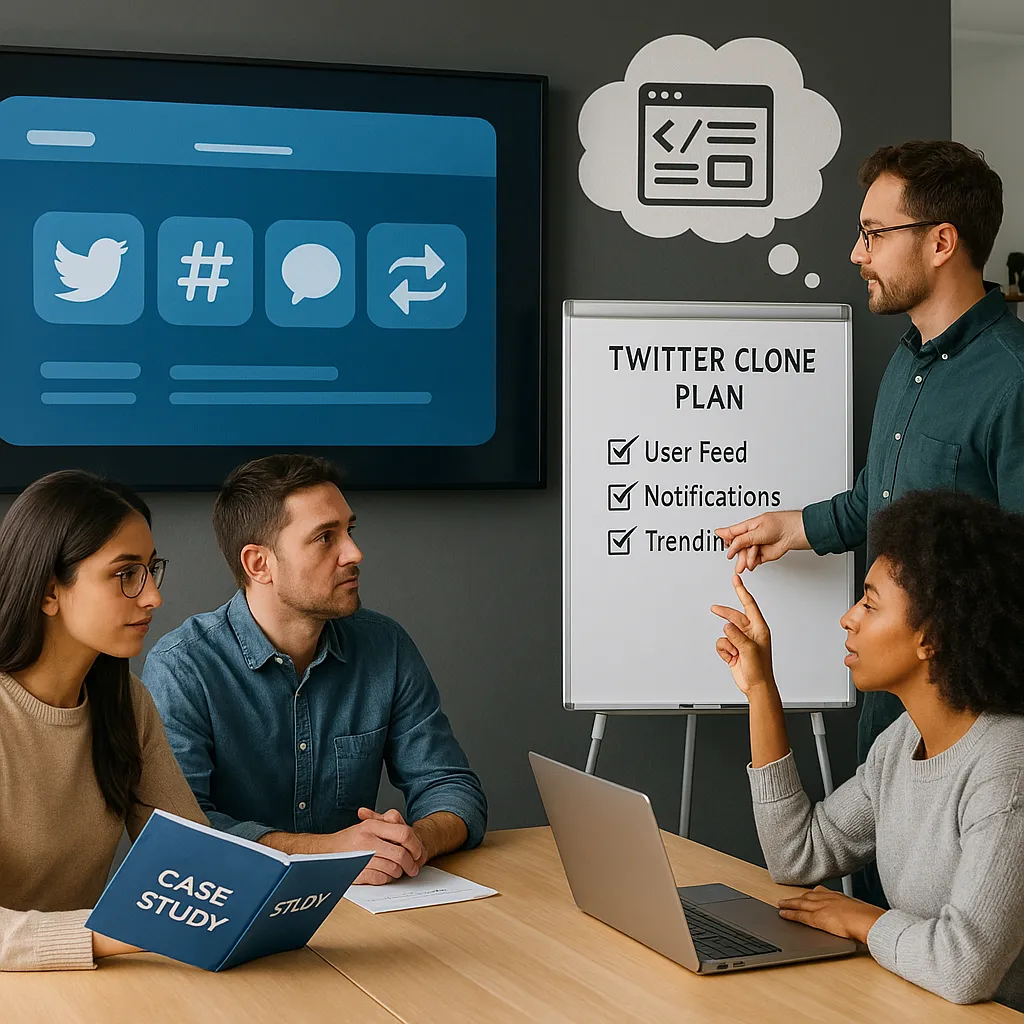 Developers evaluating domain expertise for a Twitter clone project, showcasing past social platform case studies, feature checklists, and project planning in a collaborative workspace.