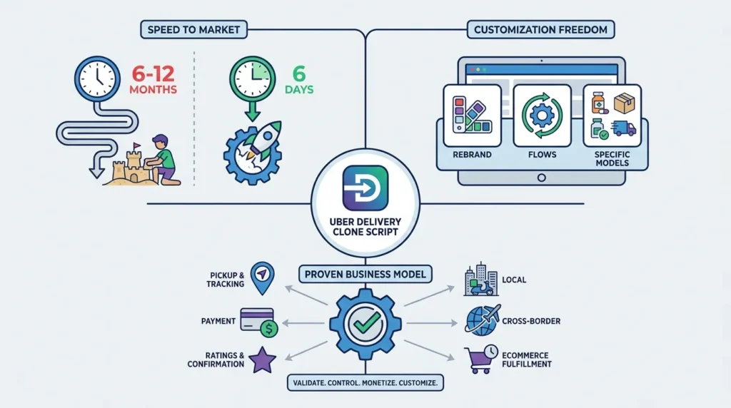Best Uber Delivery Clone Script in 2026: Features & Pricing Compared 1 Uber Delivery clone script infographic showing speed to market, 6-day launch, customization freedom, rebranding, workflow customization, delivery modules, pickup tracking, payments, ratings, local delivery, cross-border delivery, ecommerce fulfillment, and proven business model.