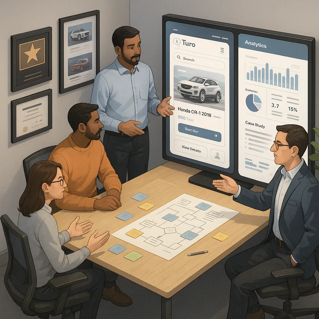 Expert app developers reviewing car rental platform case studies and UI mockups in a tech studio.