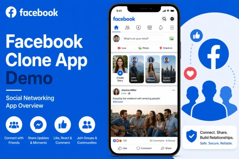 Facebook Clone App demo showing a social networking platform interface with news feed, stories, reactions, comments, messaging, groups, and social interaction features in a blue-themed mobile UI.