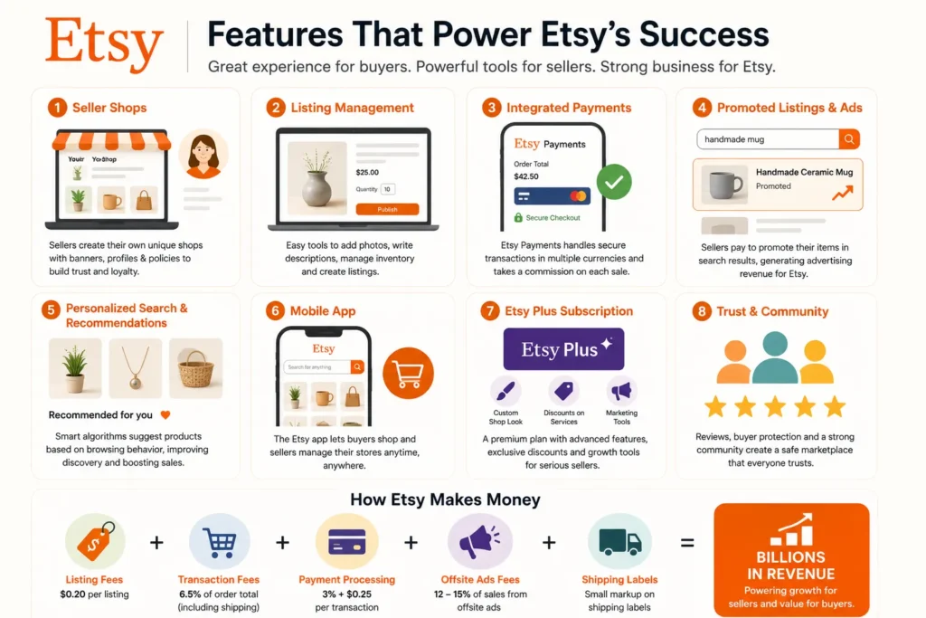 Business Model of Etsy | How the Handmade Marketplace Generates Billions 1 Infographic illustrating Etsy's key platform features, including seller shops, listing management, Etsy Payments, promoted listings, personalized search, mobile app, Etsy Plus, and community trust.